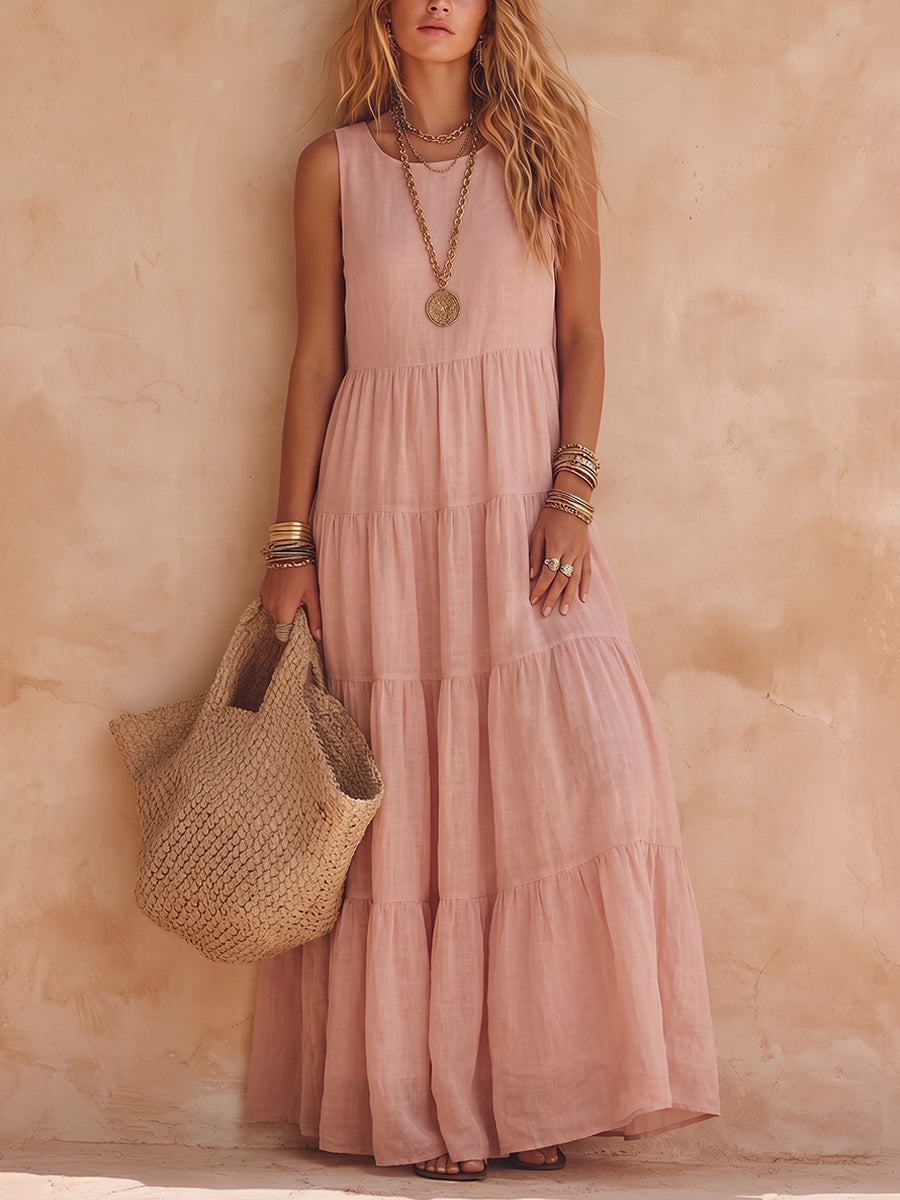 Robe femme sans manches style bohème en coton et lin avec volants, parfaite pour l'été.