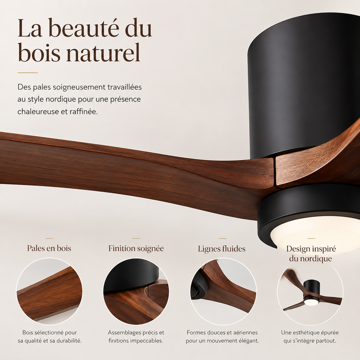 Ventilateur plafond LED silencieux, design scandinave en bois clair, parfait pour chambre.