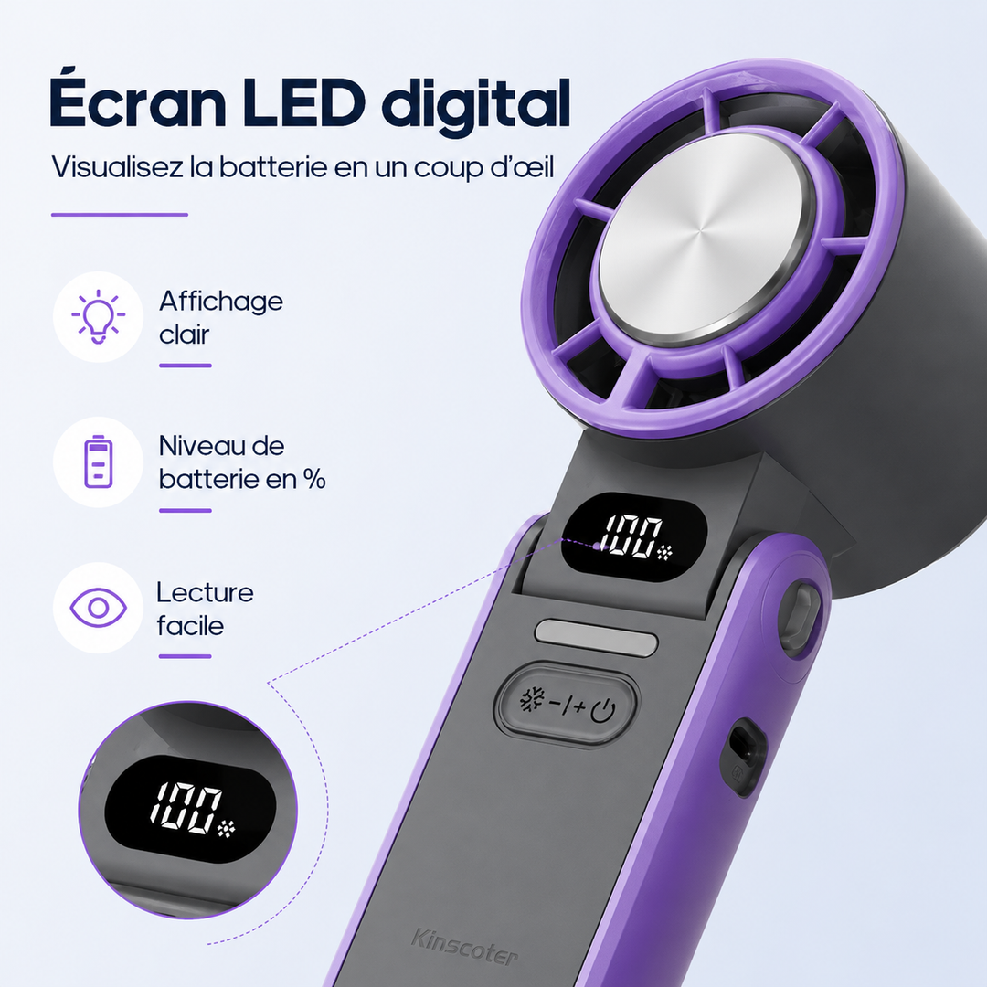 Ventilateur pliable compact pour bureau et voyage, avec chargement USB-C, garantit une fraîcheur continue.