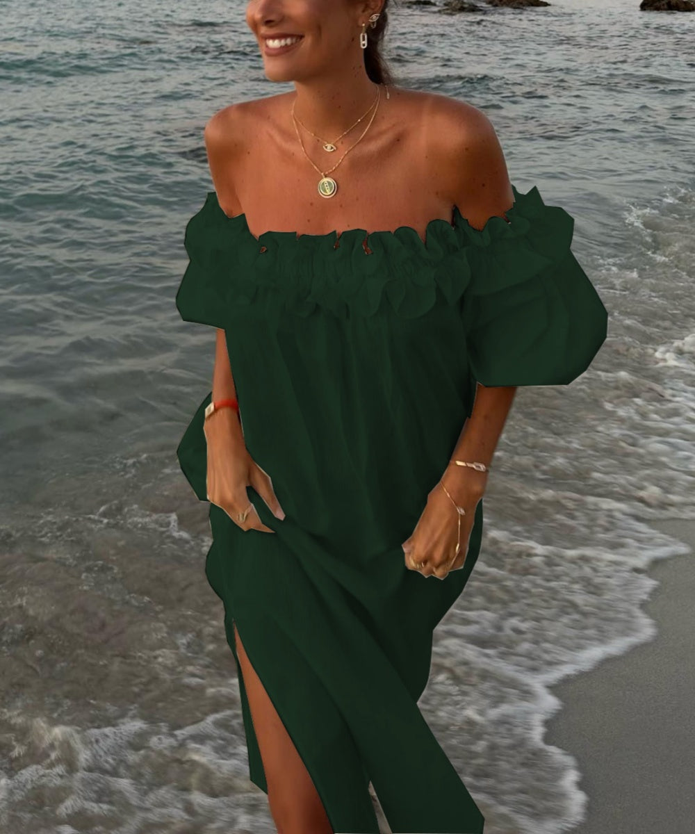 Robe longue femme Valentina élégante, coupe bohème chic, épaules dénudées Bardot. Confortable pour l'été.