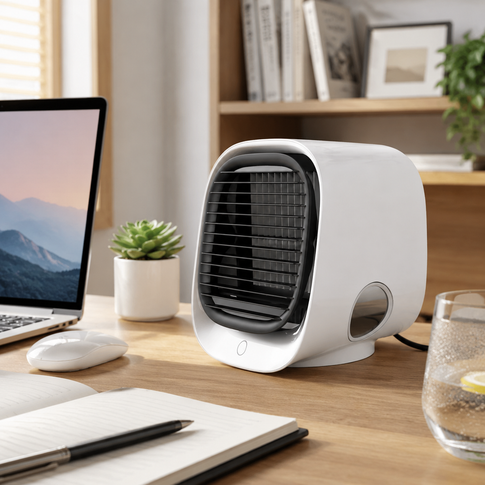 Climatiseur personnel USB compact sur bureau, apportant fraîcheur et ventilation discrète pour le travail estival.