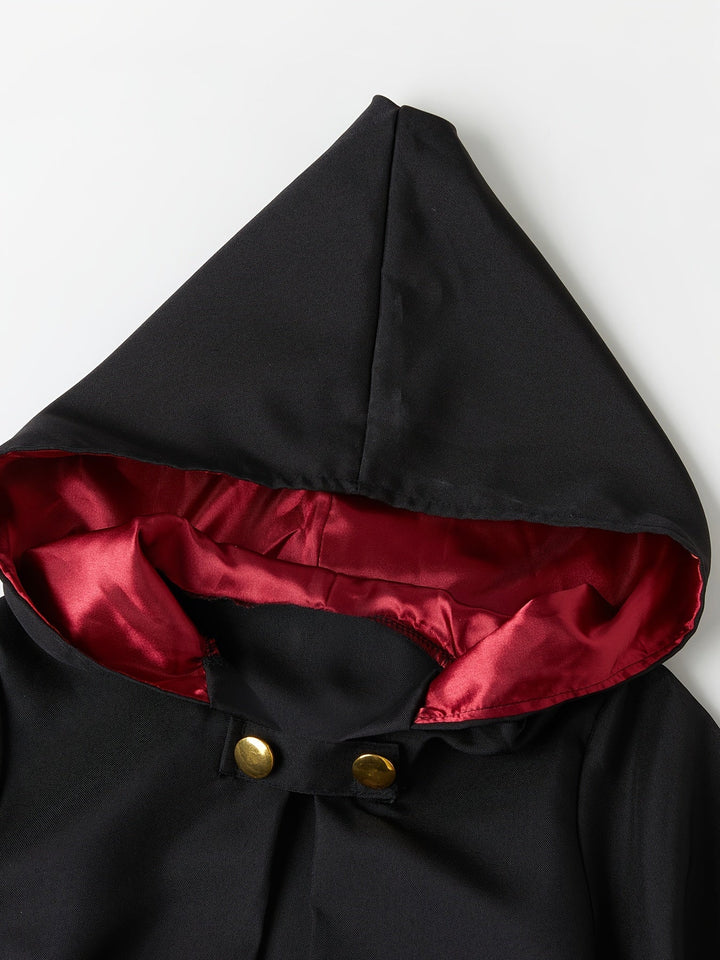 Superbe costume complet de magicien enfant avec cape, chapeau, lunettes et baguette pour un déguisement réussi.