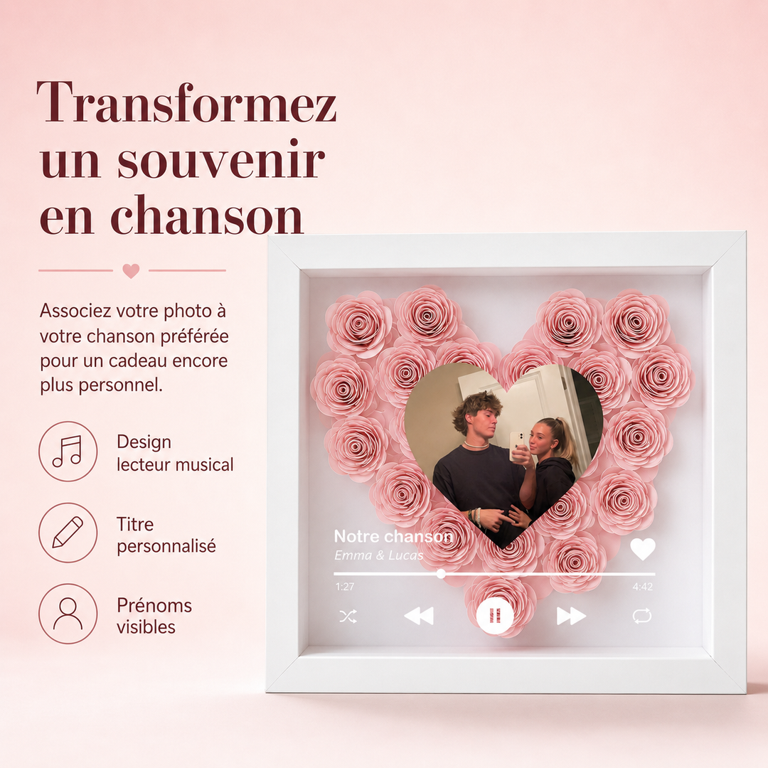 Cadre photo en forme de cœur, personnalisé pour un souvenir d'amour unique, cadeau couple parfait.