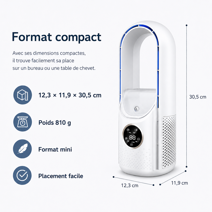 Climatiseur personnel USB pour bureau, offrant ventilation, purification et humidification.