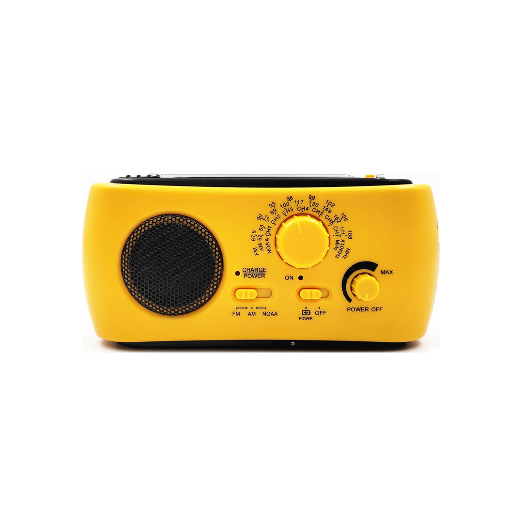 Radio d'urgence AM/FM avec manivelle et USB pour une autonomie maximale en camping ou panne de courant.
