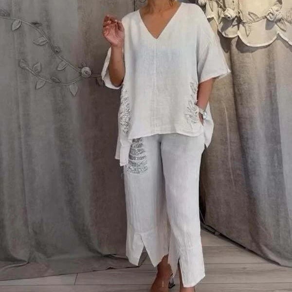 Ensemble femme décontracté 2 pièces: top chic à décolleté V et pantalon fluide confortable, idéal printemps/été.