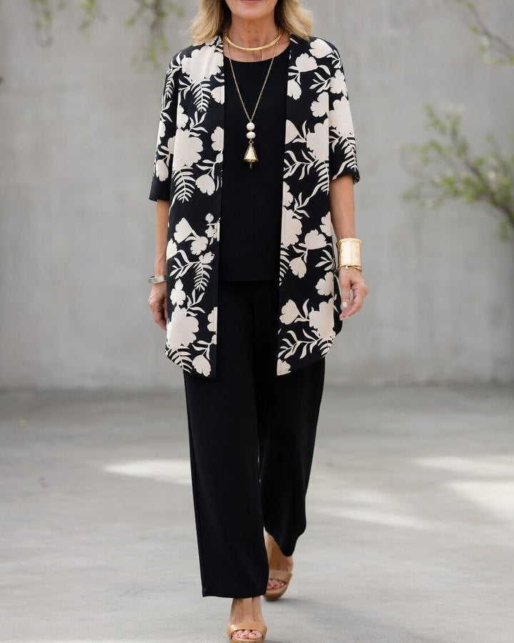 Ensemble femme 3 pièces fluide, élégant et confortable. Pantalon large et cardigan pour une tenue quotidienne chic.