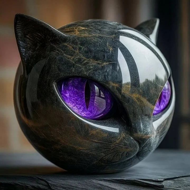 Tête de chat décorative noire en résine brillante, sculpture moderne pour embellir votre espace bureau.