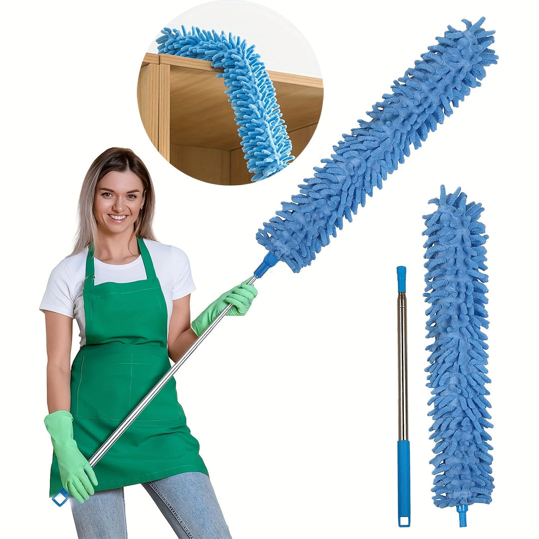 Détail du plumeau télescopique LuxeDust avec sa tête en microfibre douce et lavable pour la poussière.