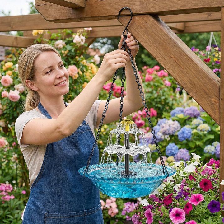 Fontaine solaire suspendue en verre, cascade relaxante pour jardin, abreuvoir oiseaux, déco extérieure zen.