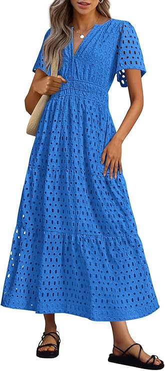 Maxi robe de vacances femme, fluide, manches courtes, col V, très confortable.