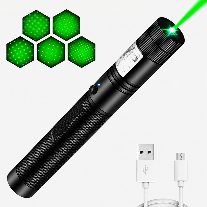 Pointeur laser tactique et torche ultra-puissante en aluminium, rechargeable, pour aventure et sécurité.