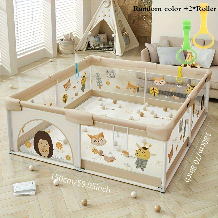 Grand espace de jeu sécurisé pour enfant avec paroi interactive, créant un parc bébé spacieux pour l'éveil.