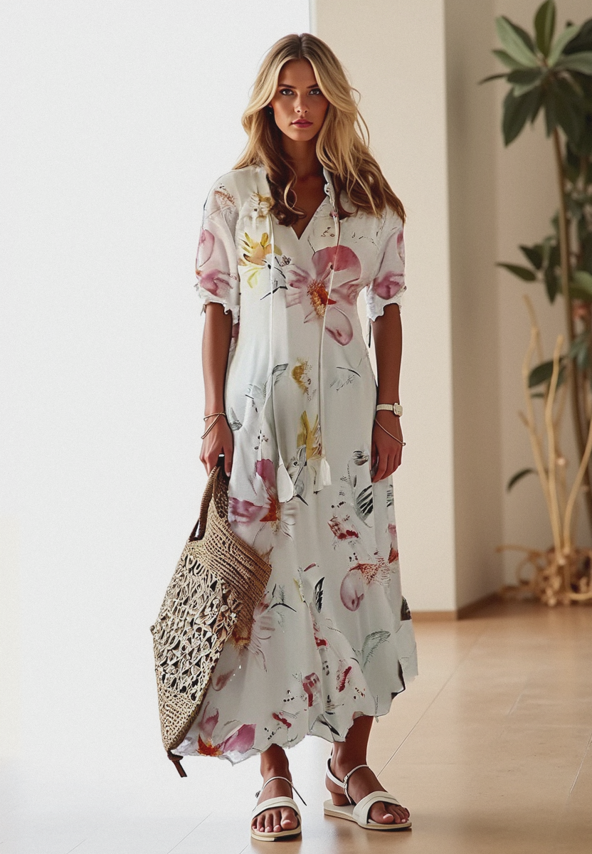 Robe longue bohème femme fluide pour l'été, style aéré et décontracté, parfaite pour la plage ou les vacances.