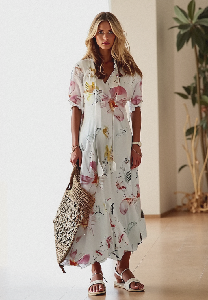 Robe longue bohème femme fluide pour l'été, style aéré et décontracté, parfaite pour la plage ou les vacances.