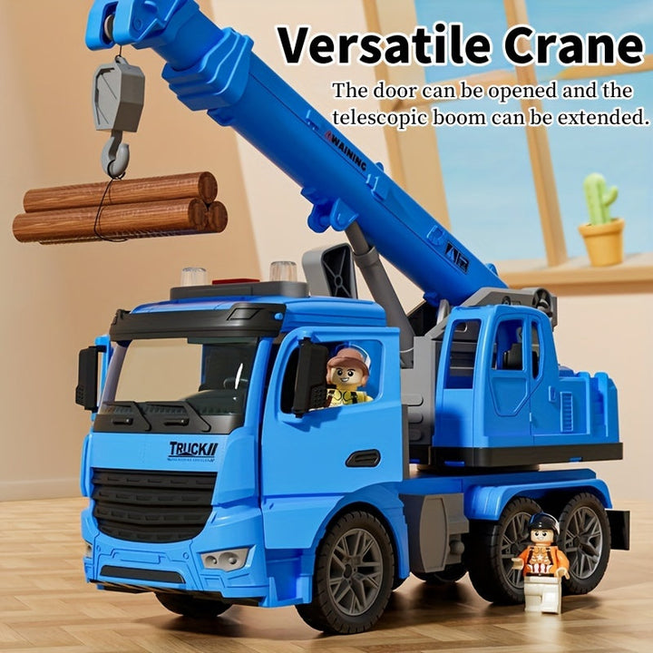 Camion grue jouet interactif pour enfant, avec lumières LED et sons, idéal pour des heures de jeu de construction.