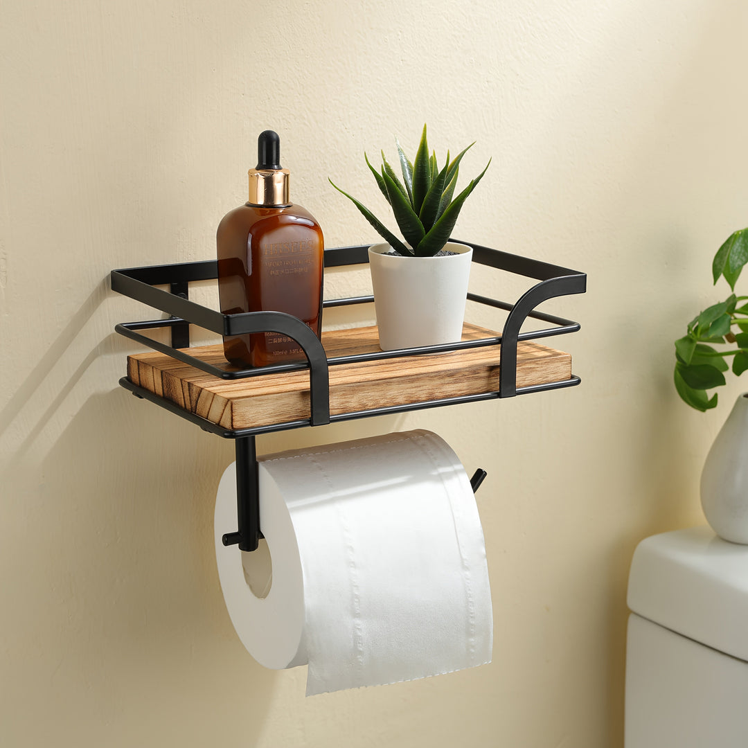 Étagère murale en métal noir pour serviettes de salle de bain. Rangement moderne et minimaliste.