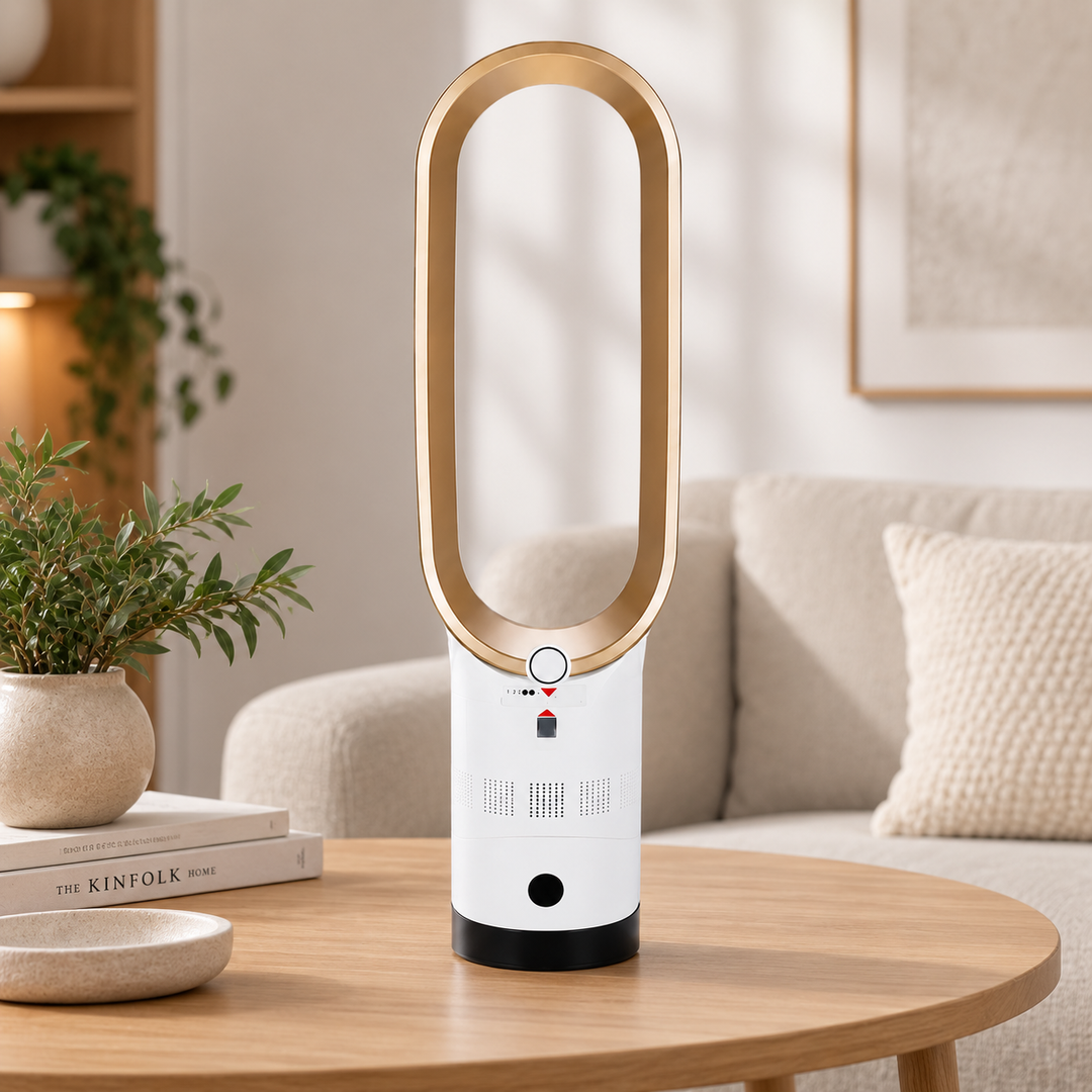Ventilateur tour LED chauffant et rafraîchissant, design colonne épuré pour maison/bureau.