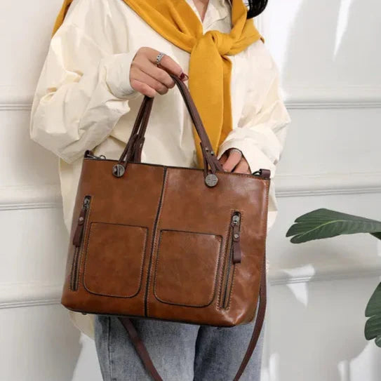 Sac à main femme chic et vintage en cuir végétalien marron, grand format organisateur pour tous les jours.