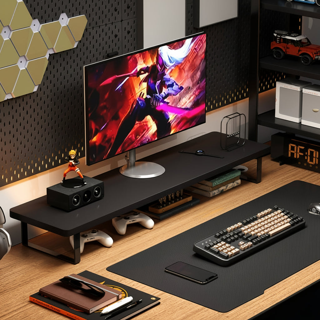 Poste de travail ergonomique avec rehausseur MODURA en acier. Gain d'espace et confort amélioré pour votre bureau moderne.