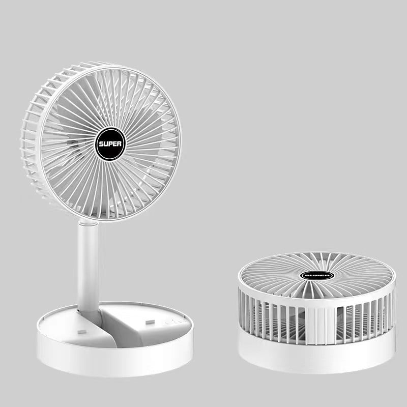 Ventilateur de voyage, montrant ses positions pliée et dépliée pour une adaptabilité maximale.