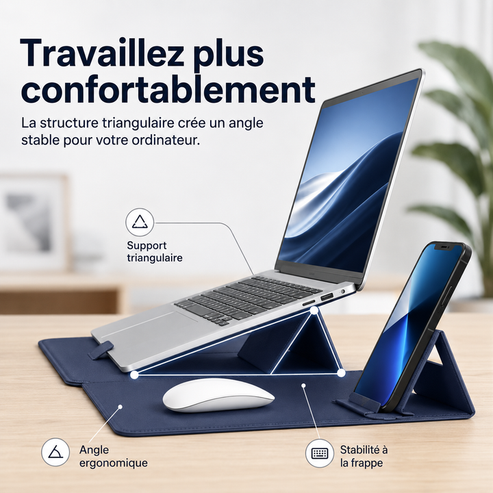 Sacoche ordinateur élégante et fine avec fonction support intégrée. Un accessoire de bureau design et pratique pour laptop.