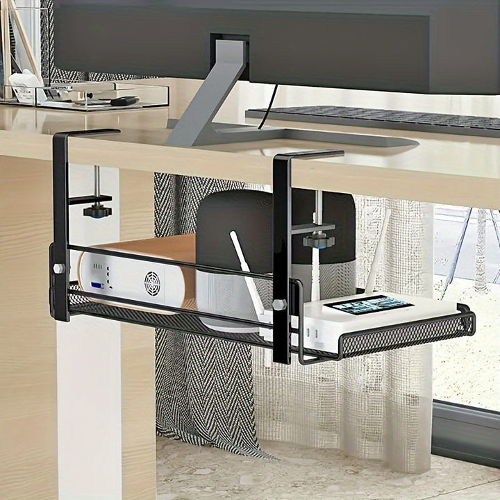 Organiseur de bureau métallique, gain de place, avec livres et accessoires de bureau pour un travail efficace.