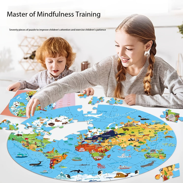 Puzzle géant 70 pièces, carte du monde interactive avec animaux, idéal pour l'apprentissage des enfants.