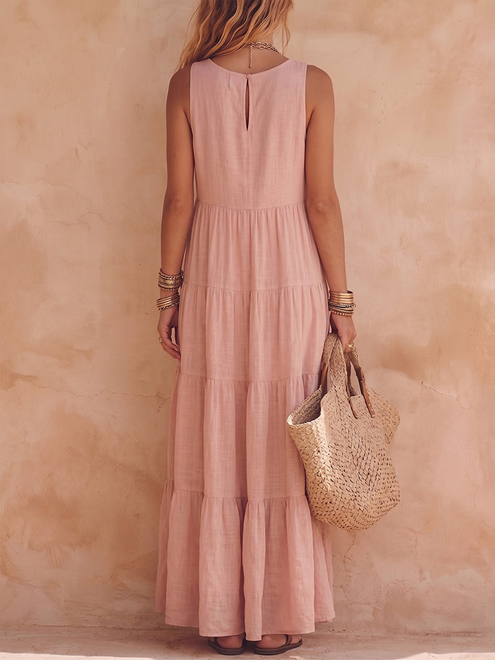 Élégante robe longue d'été en lin et coton pour femme, coupe fluide et confortable.