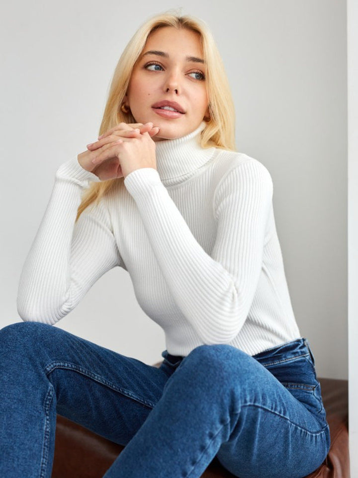 Pull col roulé femme élégant, manches longues, idéal pour l'hiver et l'automne.