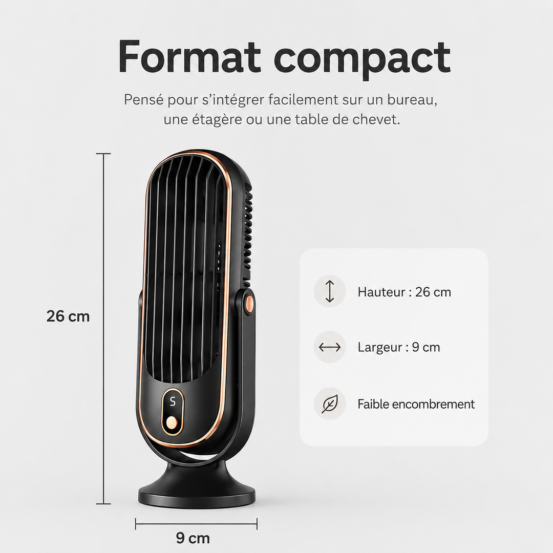 Ventilateur AeroLux portable et silencieux, USB rechargeable, avec rotation 720° pour bureau.