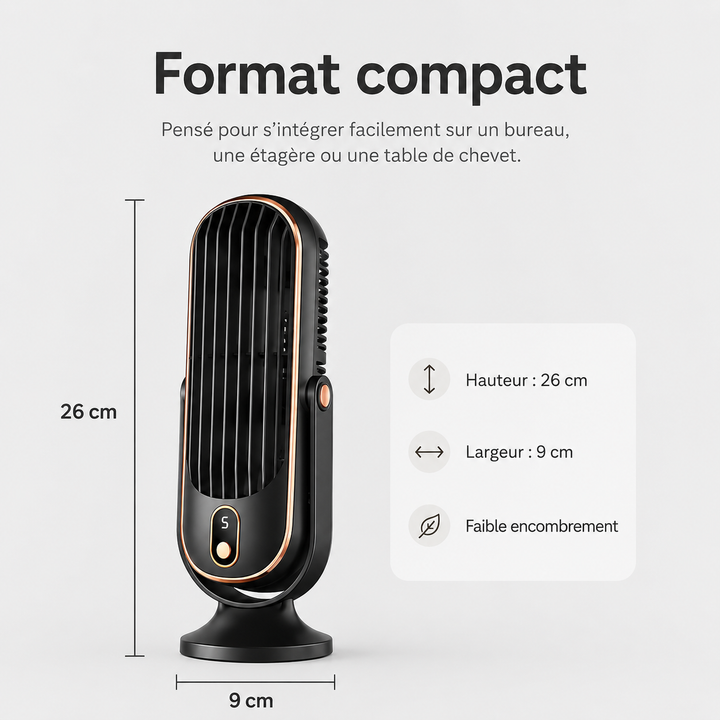 Ventilateur AeroLux portable et silencieux, USB rechargeable, avec rotation 720° pour bureau.