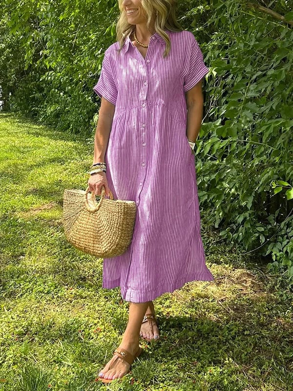 Robe maxi fluide chic, col rond, manches courtes estivales. Idéale pour femme, look décontracté ou élégant en été.