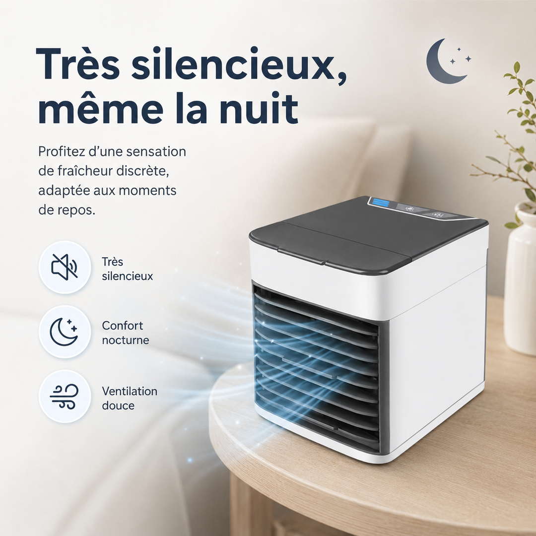 Ventilateur rafraîchisseur d'air portable, solution fraîcheur évaporative silencieuse pour l'été. Facile à déplacer.