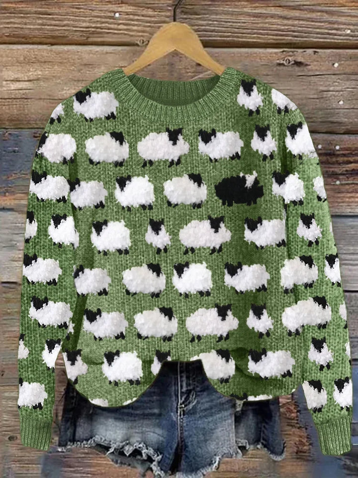 Pull femme confortable en tricot avec motif mouton ludique pour l'hiver et l'automne. Style décontracté original.