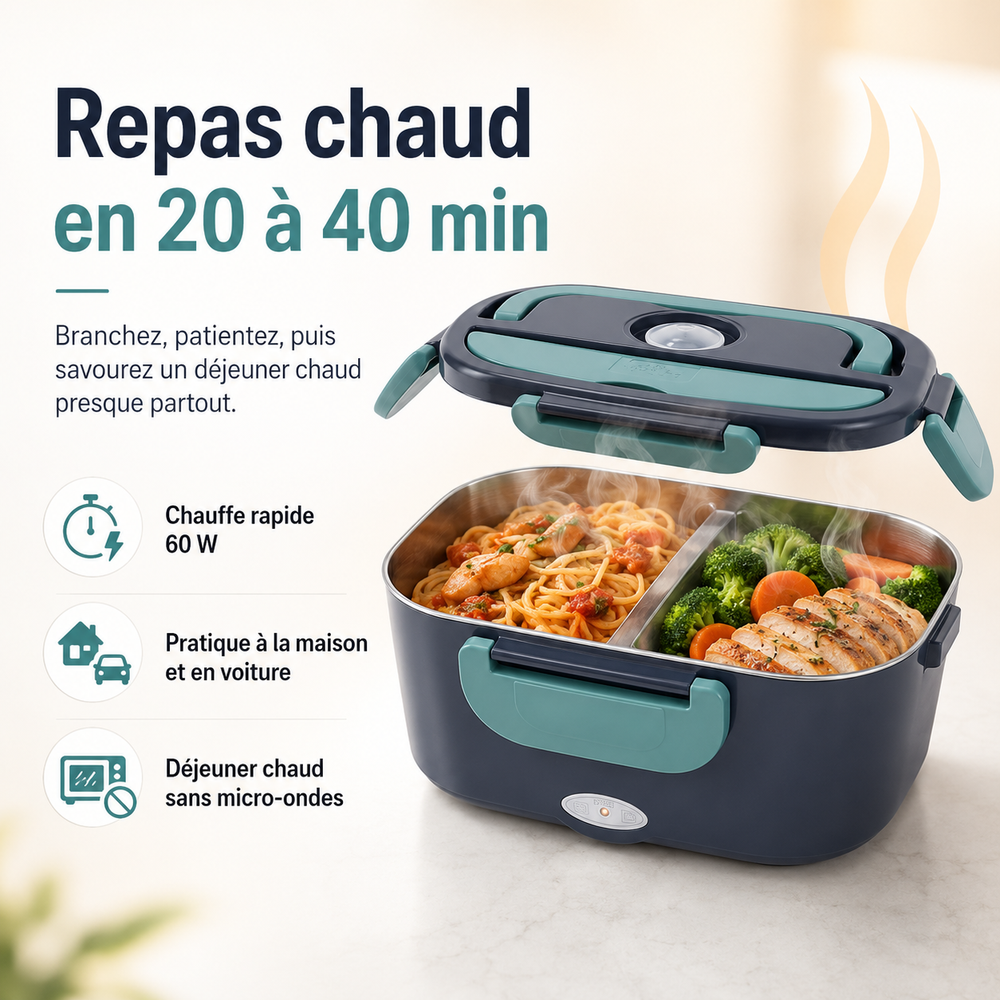 Conteneur déjeuner électrique anti-fuite pour adultes. Boîte repas chaud nomade, parfaite pour bureau ou voiture.