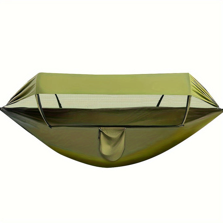 Hamac CampEase 3-en-1 vert armée pour camping, avec protection solaire et moustiquaire. Léger et portable.