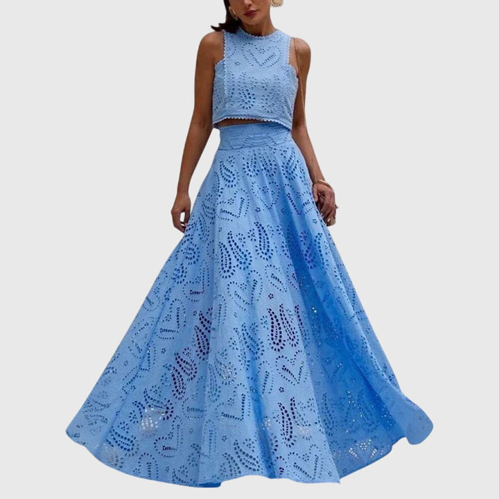 Magnifique ensemble deux pièces femme, haut court et jupe longue, une tenue estivale élégante pour vos soirées ou sorties.