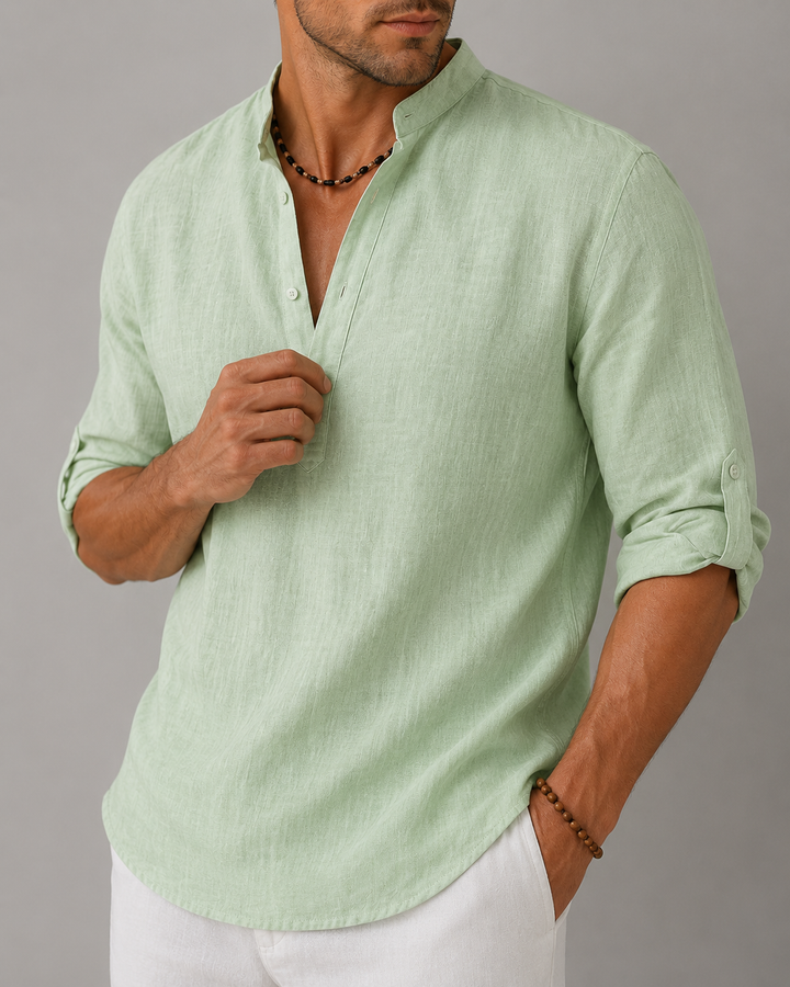 Chemise homme décontractée, col V, manches longues amples. Style moderne et confortable, haut polyvalent casual.