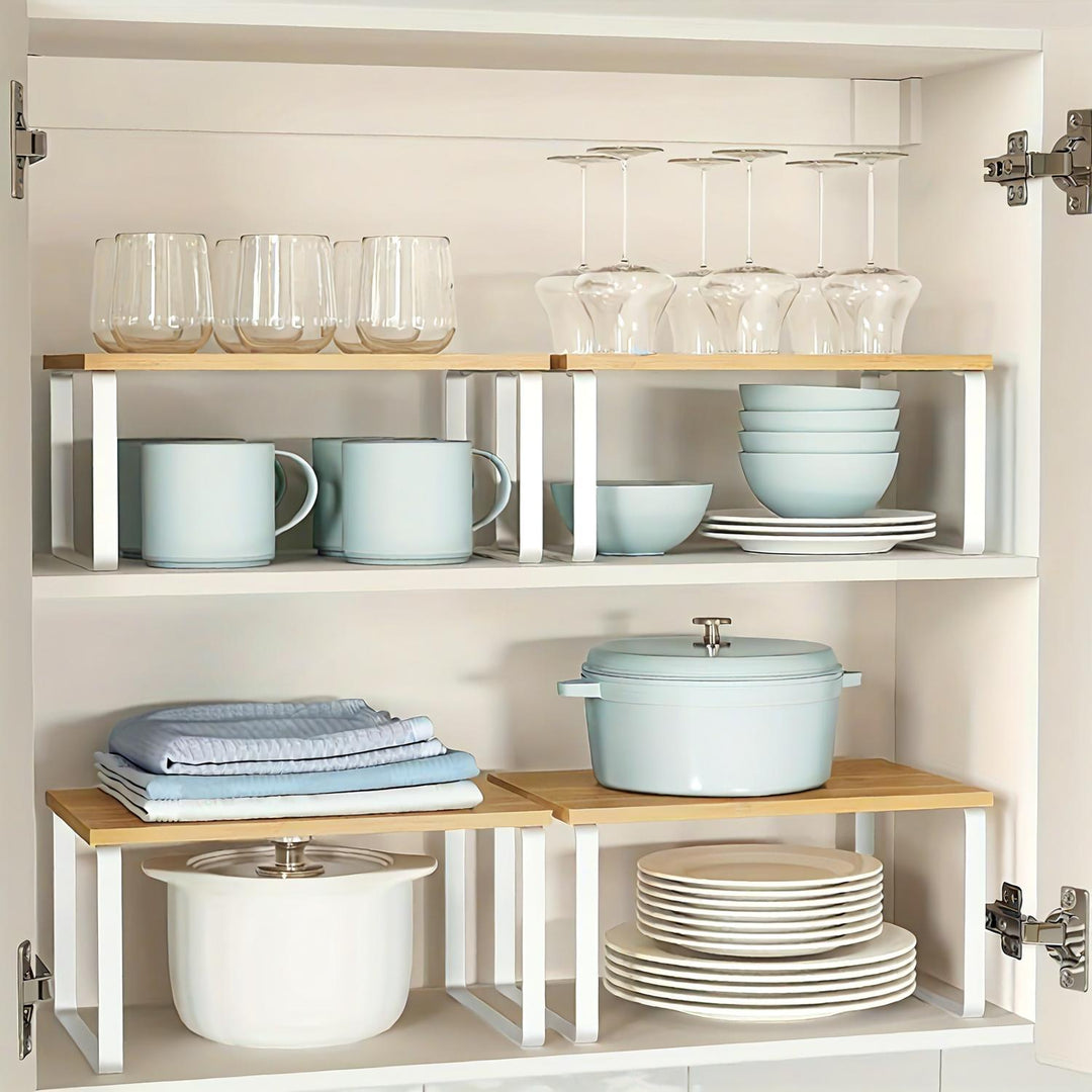 Étagères de rangement en bambou réglables (lot de 2) pour organiser cuisine, salle de bain ou bureau.