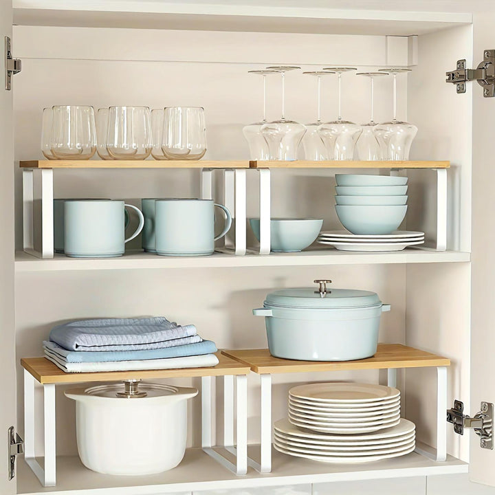 Étagères de rangement en bambou réglables (lot de 2) pour organiser cuisine, salle de bain ou bureau.