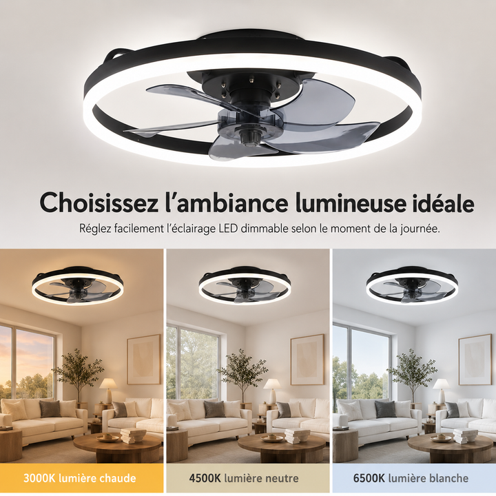 Le ventilateur de plafond SilentBreeze 50 cm assure fraîcheur silencieuse et un éclairage LED doux.