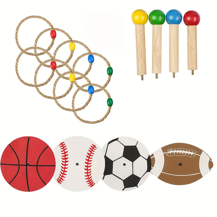 Enfants et adultes jouent au SportRing, jeu de lancer d'anneaux interactif. Activité sportive d'extérieur.