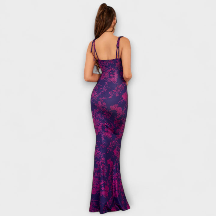 Élégante robe longue femme fleurie, bretelles nouées. Parfaite pour bal de promo ou événement.