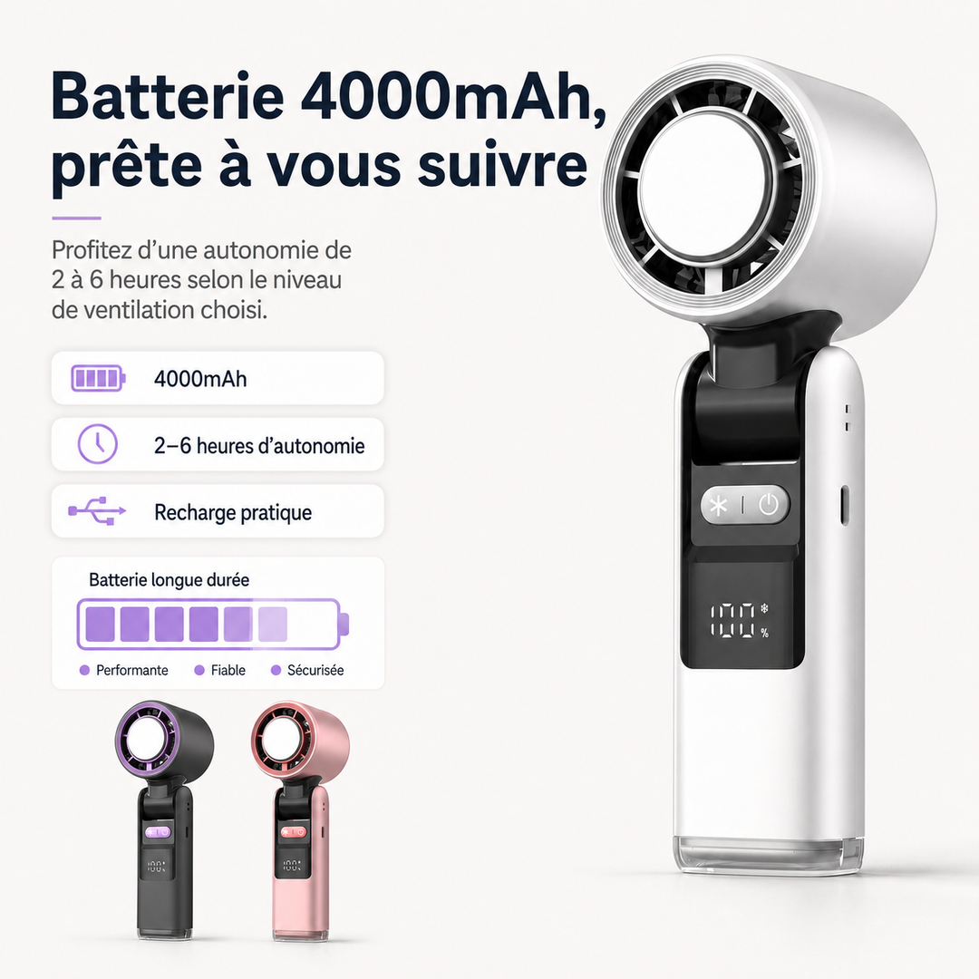 Restez au frais avec ce ventilateur portable silencieux, doté d'un écran numérique et d'une batterie fiable.