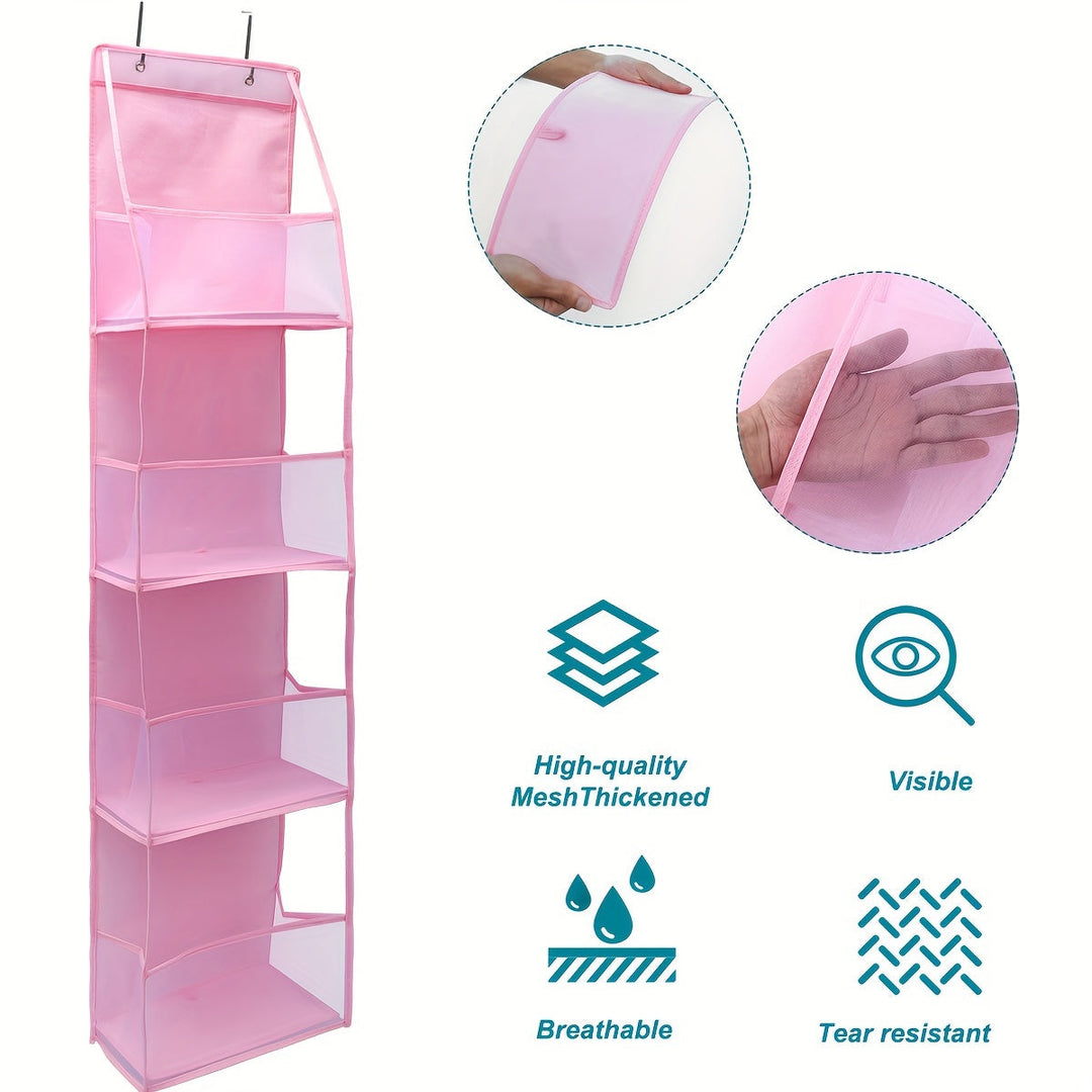 Système d'organisation textile suspendu pour porte, 4 poches respirantes pour petits objets.