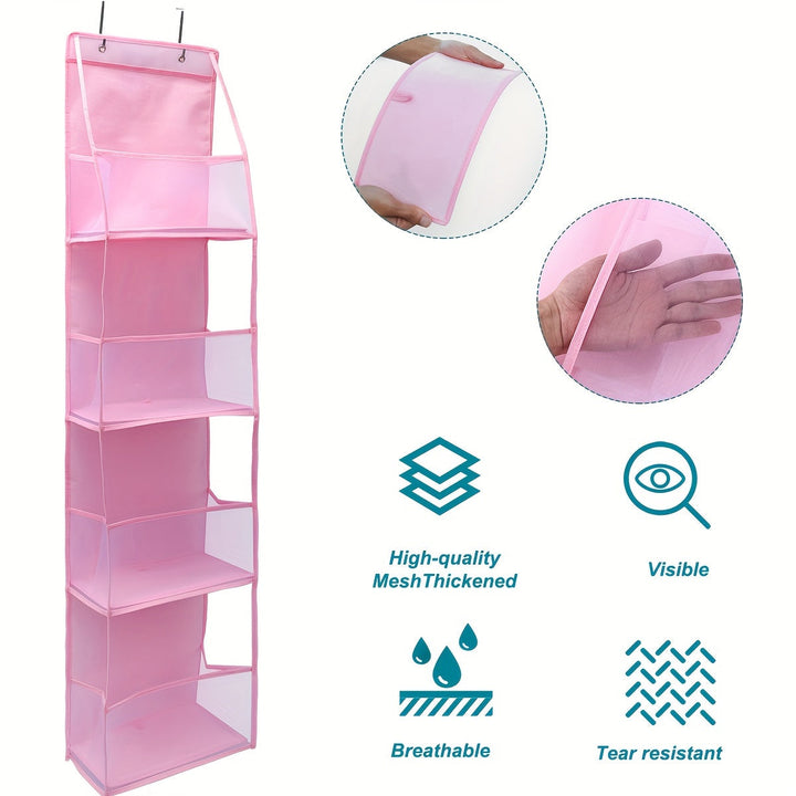 Système d'organisation textile suspendu pour porte, 4 poches respirantes pour petits objets.