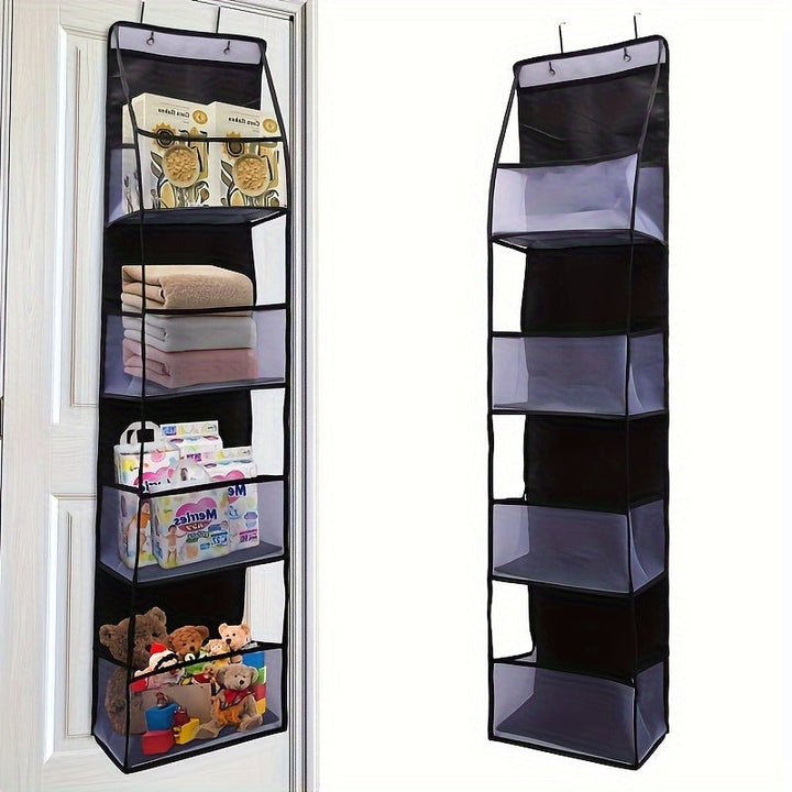 Filet de rangement suspendu pour porte, solution pratique pour organiser accessoires de chambre.