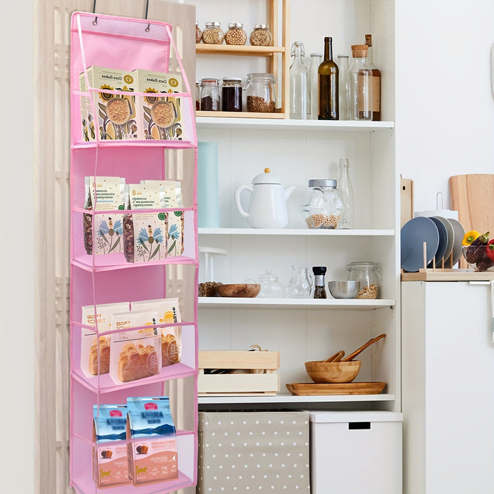 Rangement suspendu pour porte, organisateur à 4 compartiments en filet, gain de place et ordre.