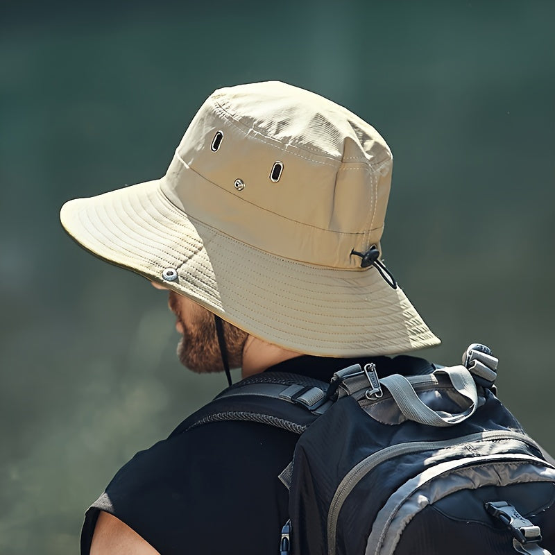 Chapeau de soleil polyvalent pour homme et femme, large bord, protection UV et tissu respirant.